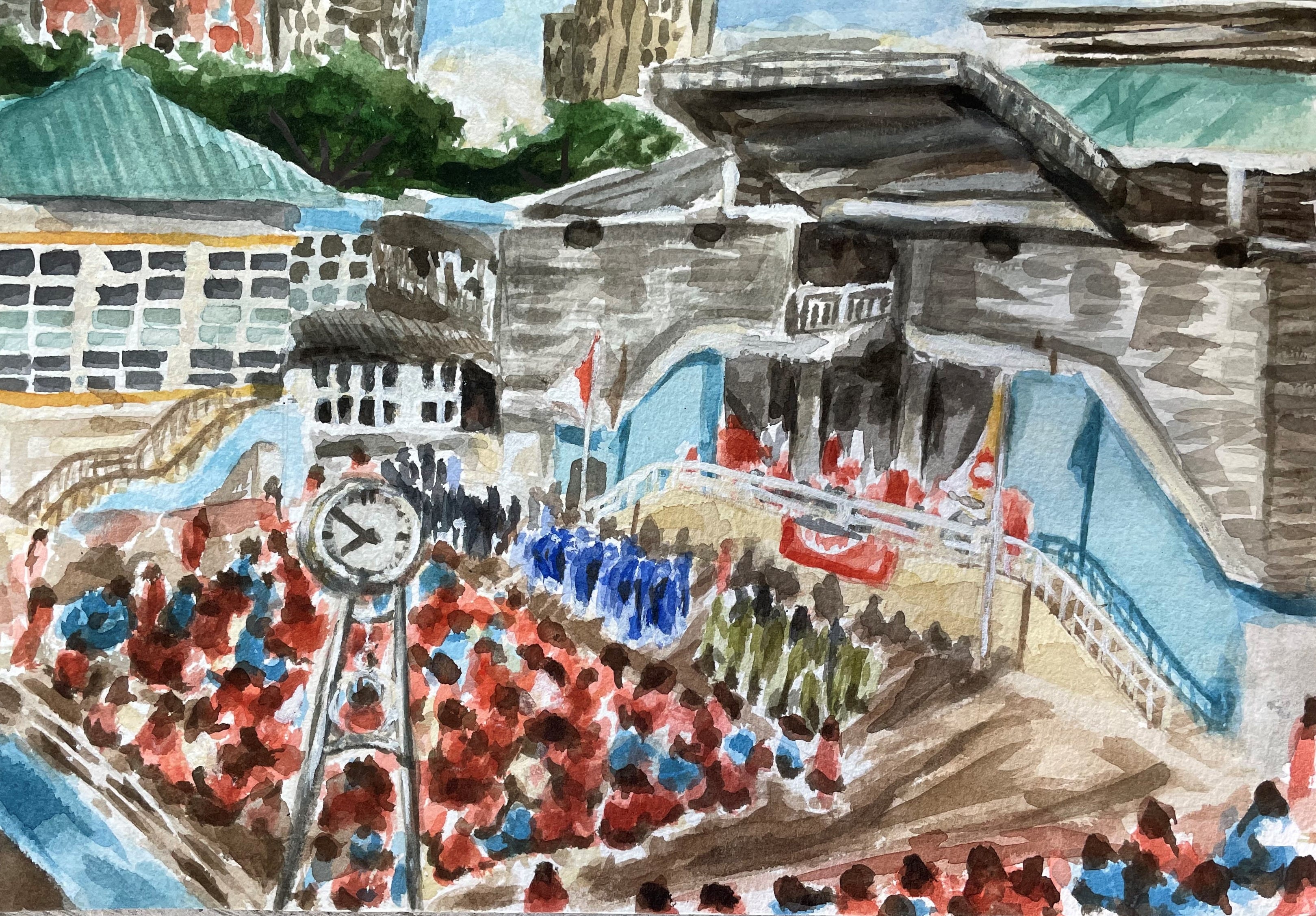 Class 1-02's creative NTSS encouragement postcard that depicts the parade ground during flag raising ceremony, when students and teachers fill the space